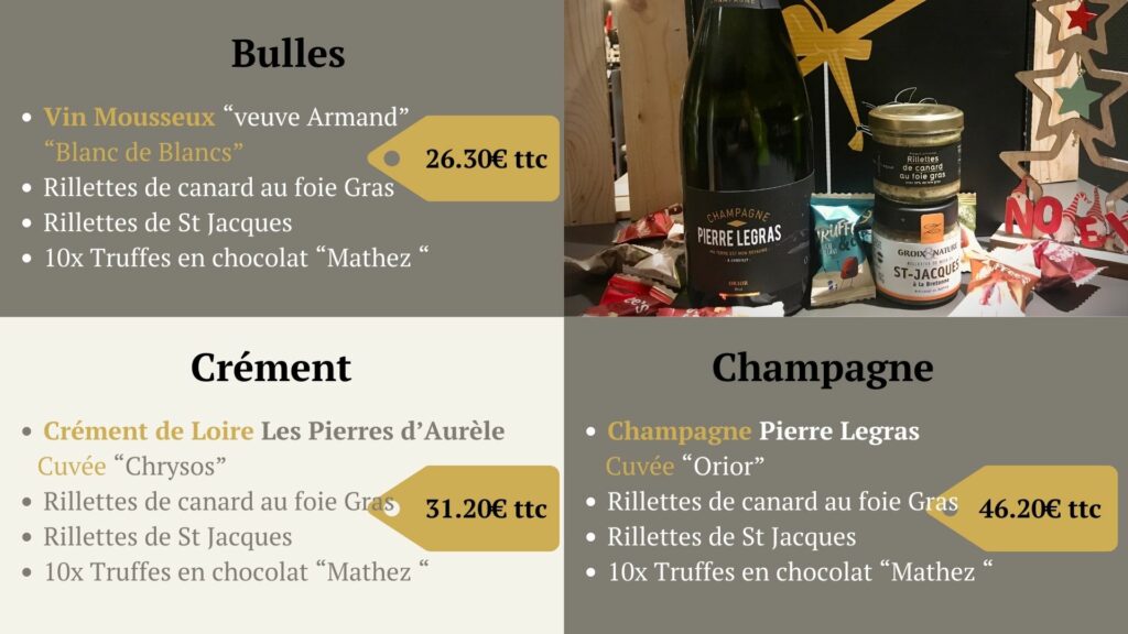 Vin Mousseux “veuve Armand” “Blanc de Blancs” Rillettes de canard au foie Gras Rillettes de St Jacques 10x Truffes en chocolat “Mathez “