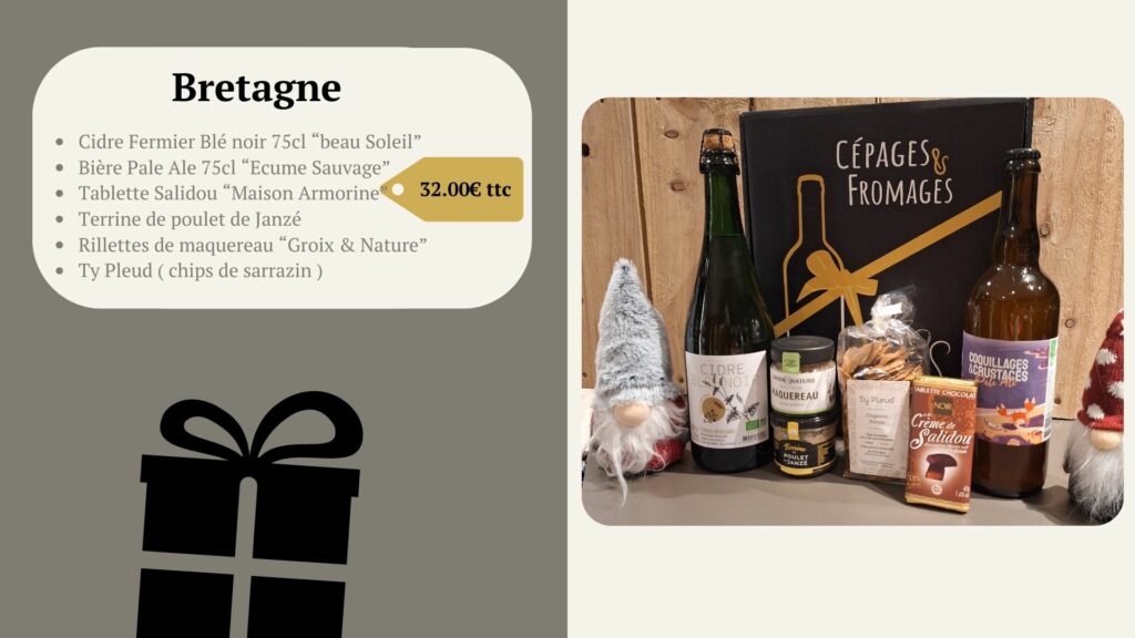 Cidre Fermier Blé noir 75cl “beau Soleil” Bière Pale Ale 75cl “Ecume Sauvage” Tablette Salidou “Maison Armorine” Terrine de poulet de Janzé Rillettes de maquereau “Groix & Nature” Ty Pleud ( chips de sarrazin )